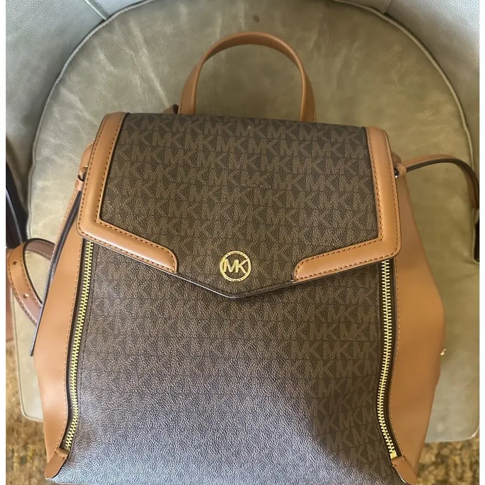Michael Kors Signature Logo Brown Backpack Acorn Leather Trim Zip Pockets